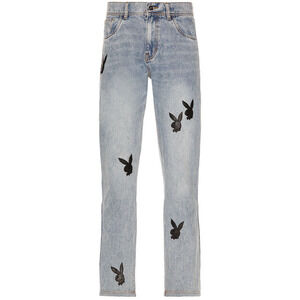 Playboy X Pleasures Black‎ Leather Bunny Applique Denim Jeans Men’s Size 28 RARE